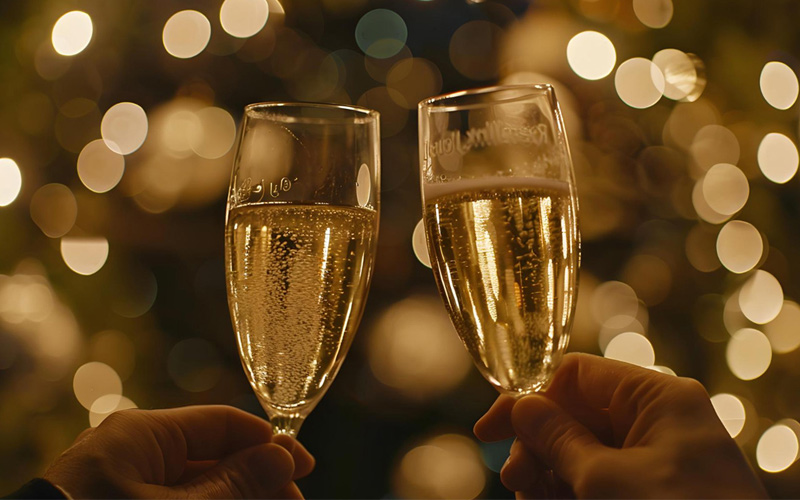 Brindis con copas de champán en Nochevieja en Madrid entre amigos