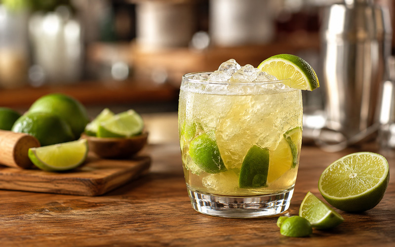 Vaso de caipiriña con lima, hielo y cachaça, cóctel brasileño tradicional.