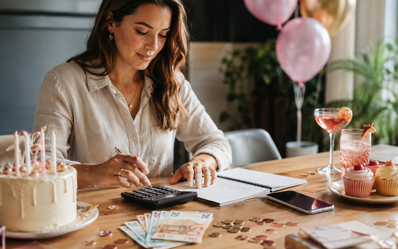Mujer calculando el presupuesto de un cumpleaños con una calculadora, billetes, tarta, globos y bebidas sobre la mesa.