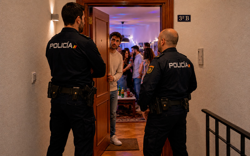 Policías acuden a una vivienda durante una fiesta, ilustrando una multa por ruido en Madrid